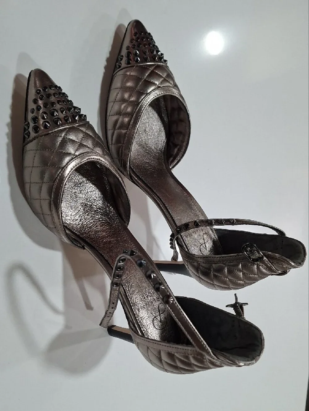 Metallic Quilted Pointed-Toe D'Orsay Heels with Studded Toe